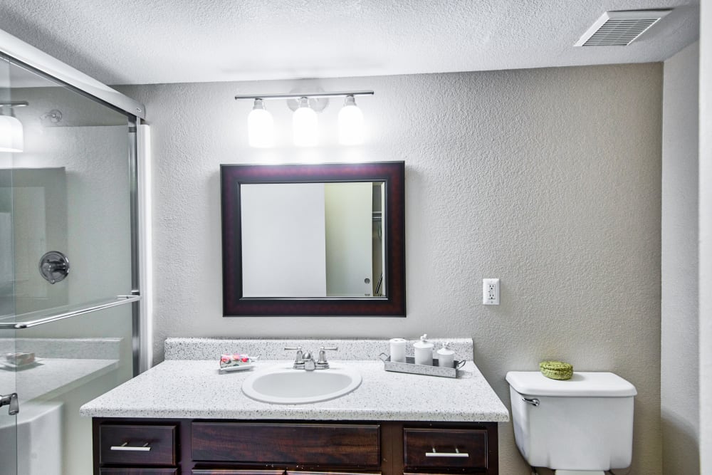 Bathroom with white countertops at Starrview at Starr Pass in Tucson, AZ
