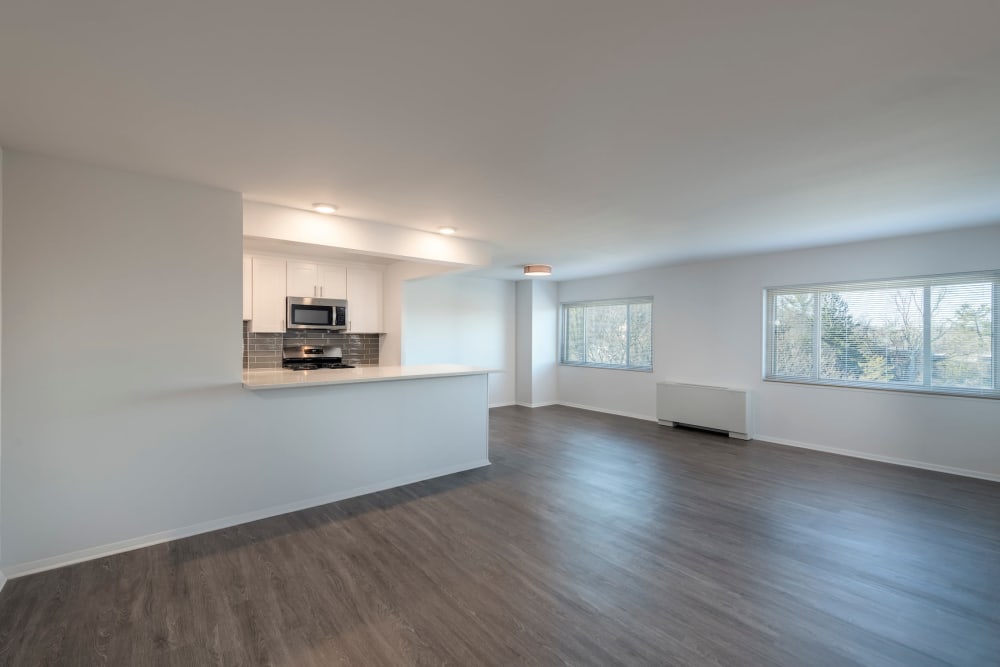 Model apartment with plank flooring at Ruxton Tower in Towson, Maryland