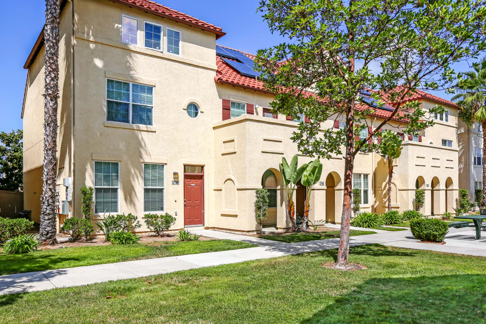 Exterior view of homes and landscaping at Gateway Village in San Diego, California