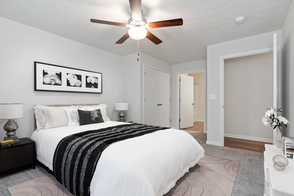 Model bedroom at Cane Run Station Apartments in Louisville, Kentucky