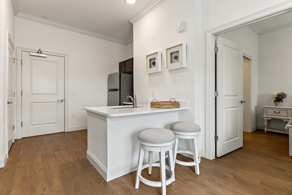 Senior apartment kitchen with a sit-up serving bar at The Blake at Bossier City in Bossier City, Louisiana