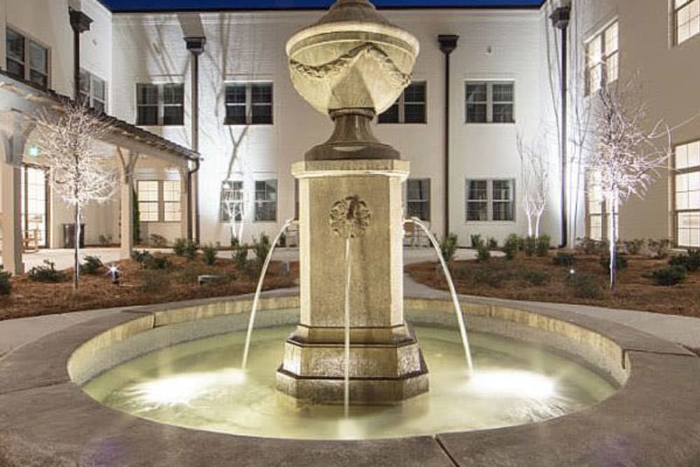 bubbling fountain at the center of The Blake at Carnes Crossroads in Summerville, South Carolina