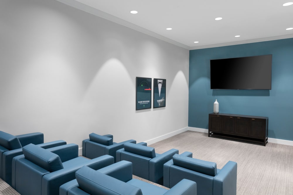 Ceiling fan and modern decor in the living area of a model apartment at The Slate in Savannah, Georgia