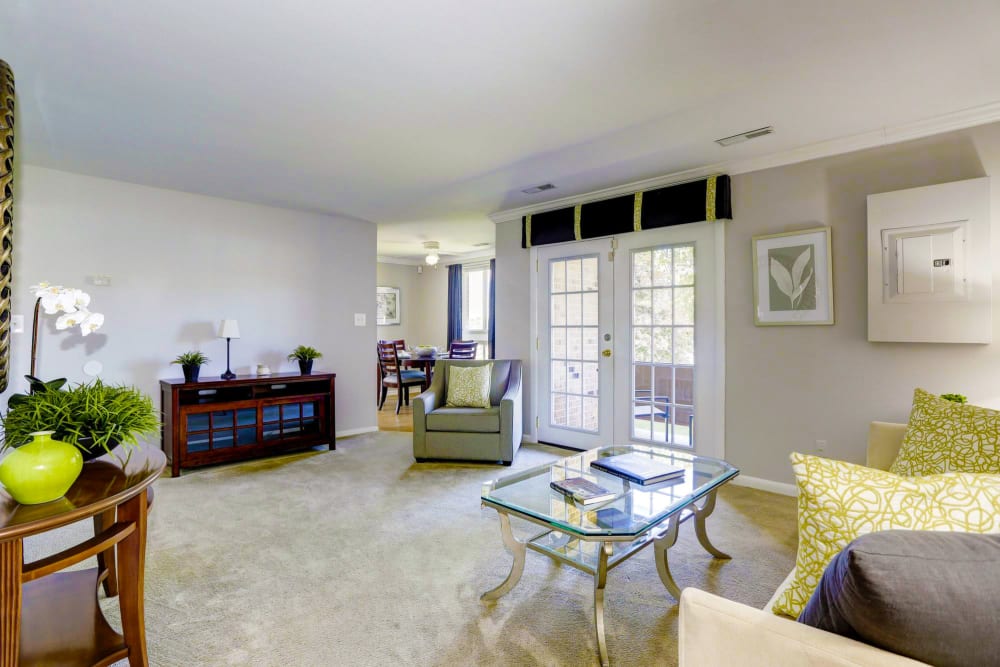 Model living room at Tuscany Gardens in Windsor Mill, Maryland