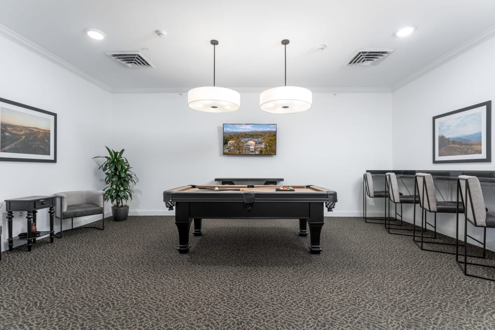 Game room with a pool table at The Blake at Charlottesville in Charlottesville, Virginia