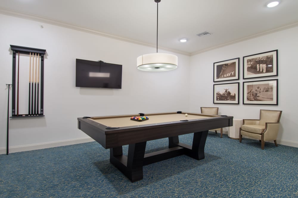 Game room with a pool table at The Blake at Colonial Club in Harahan, Louisiana