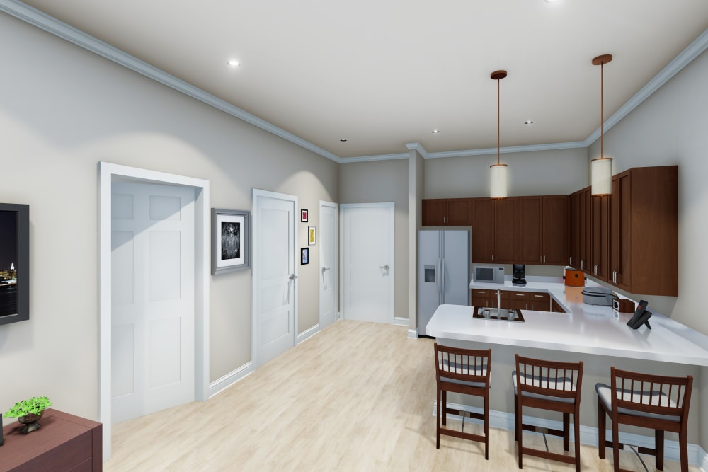 Senior apartment unit with a full kitchen and birchwood floors at The Blake at Panama City Beach in Panama City Beach, Florida