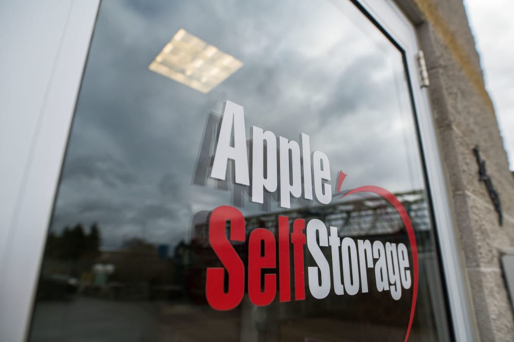 Branding on the front door of Apple Self Storage - Parry Sound in Seguin, Ontario