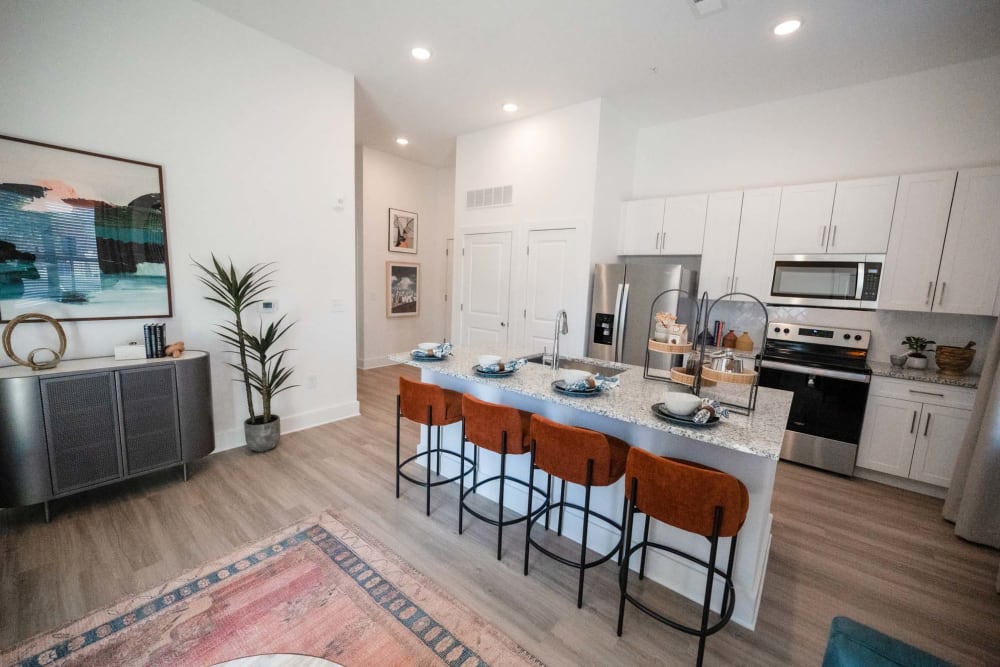 Kitchen island and stainless-steel appliances at The Enzo at Ariston in Buford, Georgia