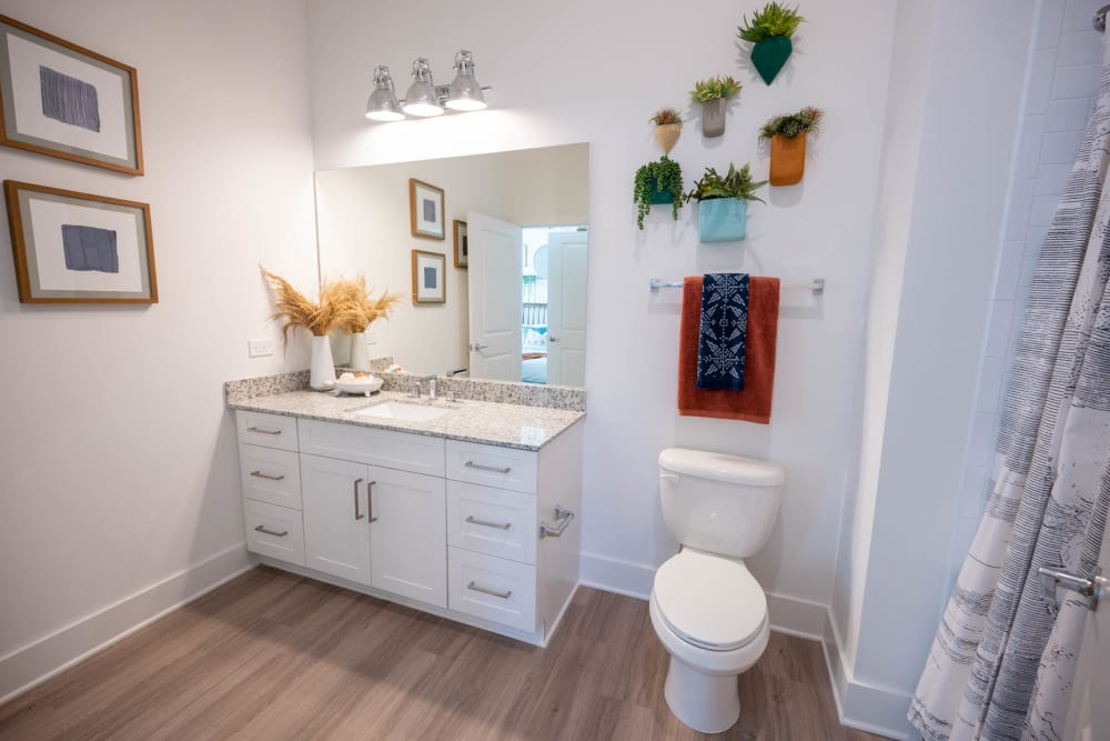 Bathroom with plank flooring at The Enzo at Ariston in Buford, Georgia