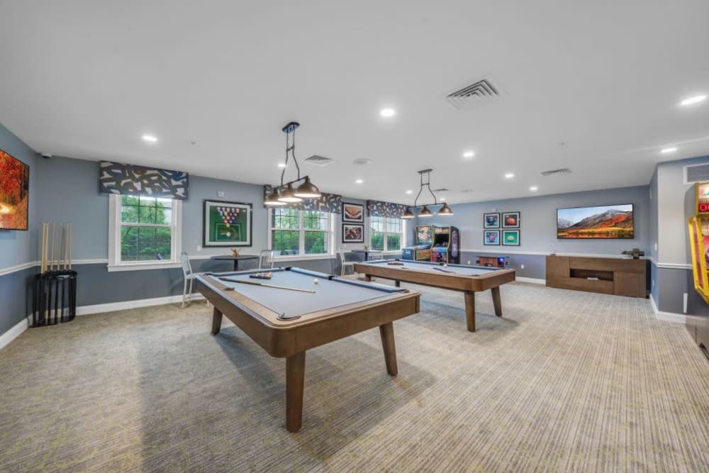 Game and activity room with pool tables at The Pinnacle in Plymouth Meeting, Pennsylvania