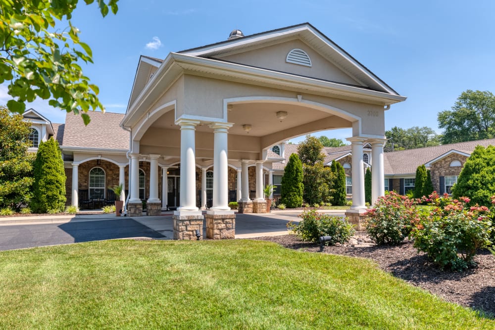 Front lawn and main entrance to Addington Place of Prairie Village in Prairie Village, Kansas