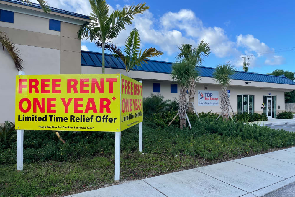 Special offer sign at Top Self Storage in West Palm Beach, Florida. 