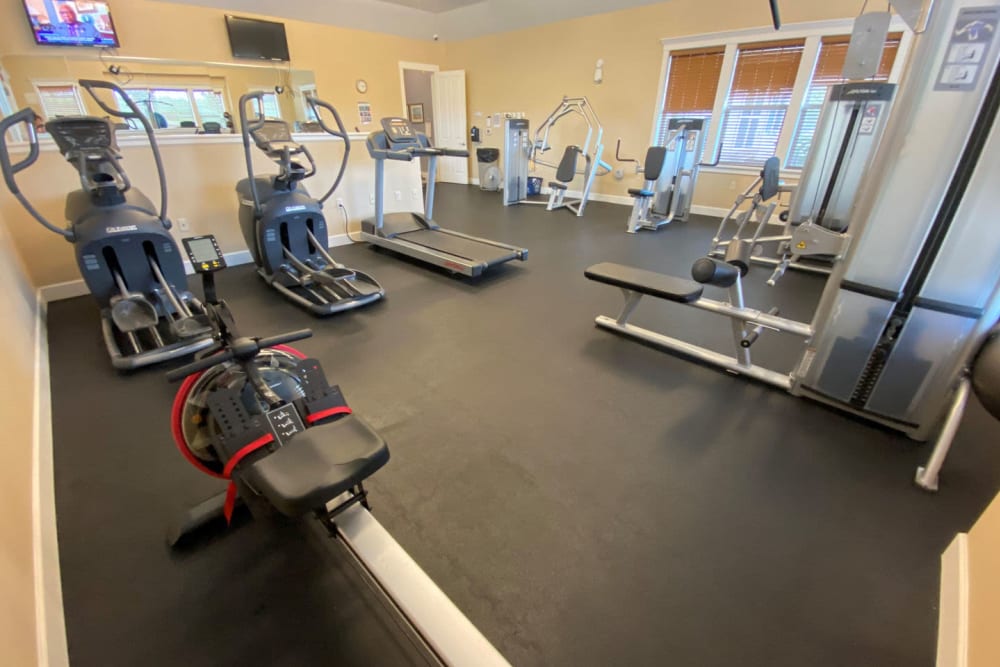 Well-equipped fitness center at Rivers Pointe Apartments in Liverpool, New York