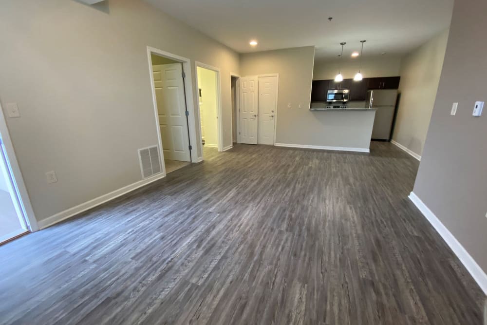 Hardwood-style flooring in a model apartment at Rivers Pointe Apartments in Liverpool, New York
