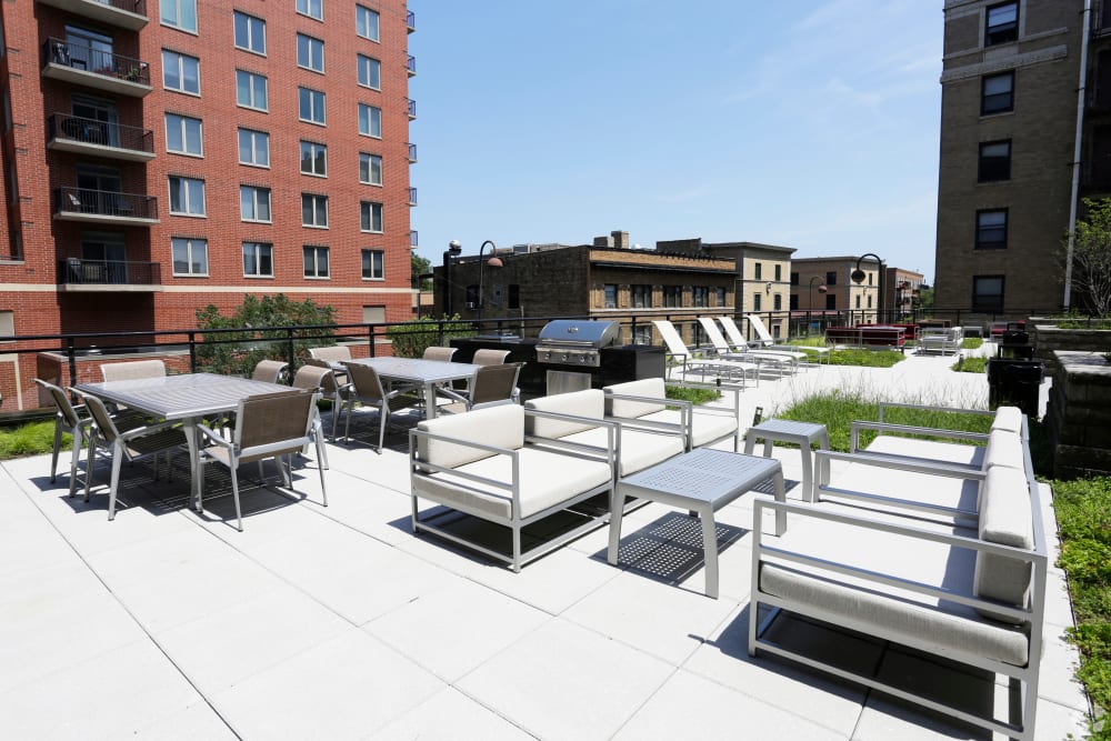 Outdoor lounge with grilling stations at The Main in Evanston, Illinois