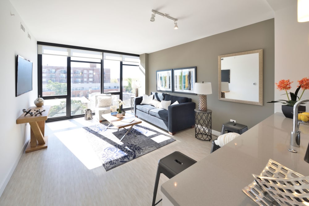 Spacious kitchen and living room with tons of natural light at The Main in Evanston, Illinois