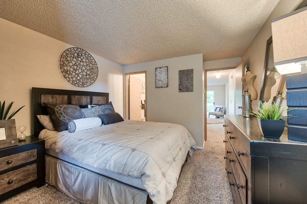 Modern bedroom at The Park at Cooper Point Apartments in Olympia, Washington