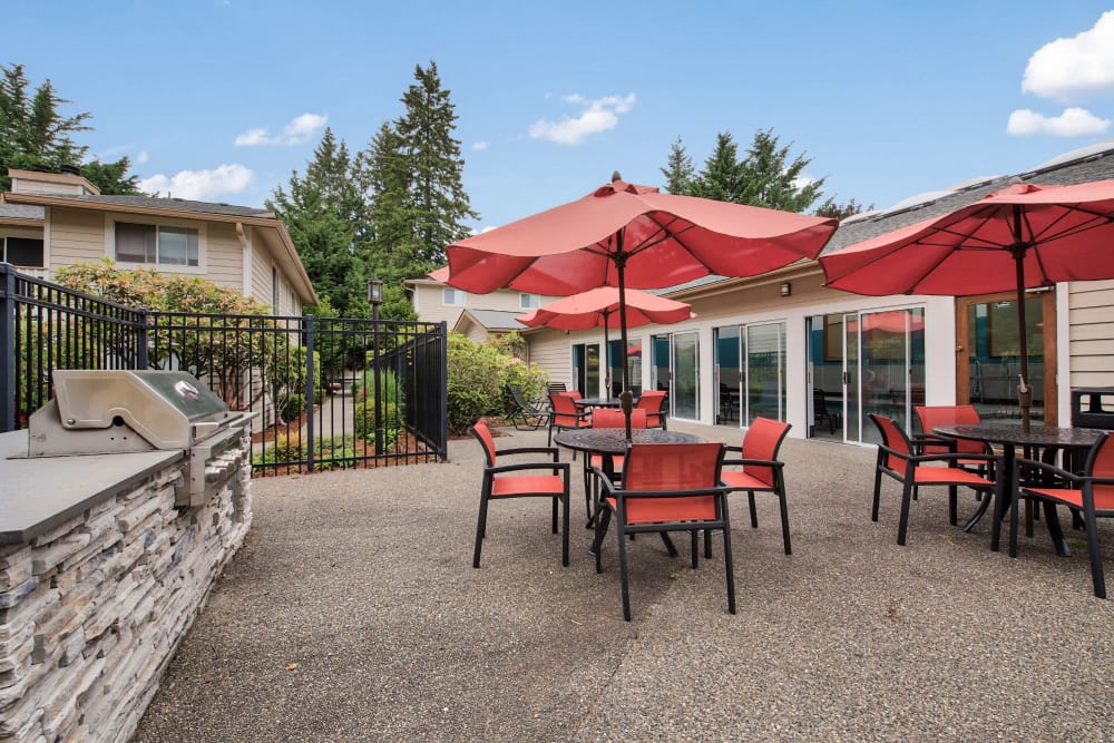 Outdoor picnic area with a community barbeque at The Park at Cooper Point Apartments in Olympia, Washington