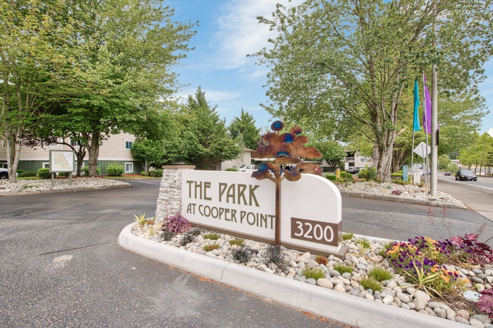 Entrance sign at The Park at Cooper Point Apartments in Olympia, Washington