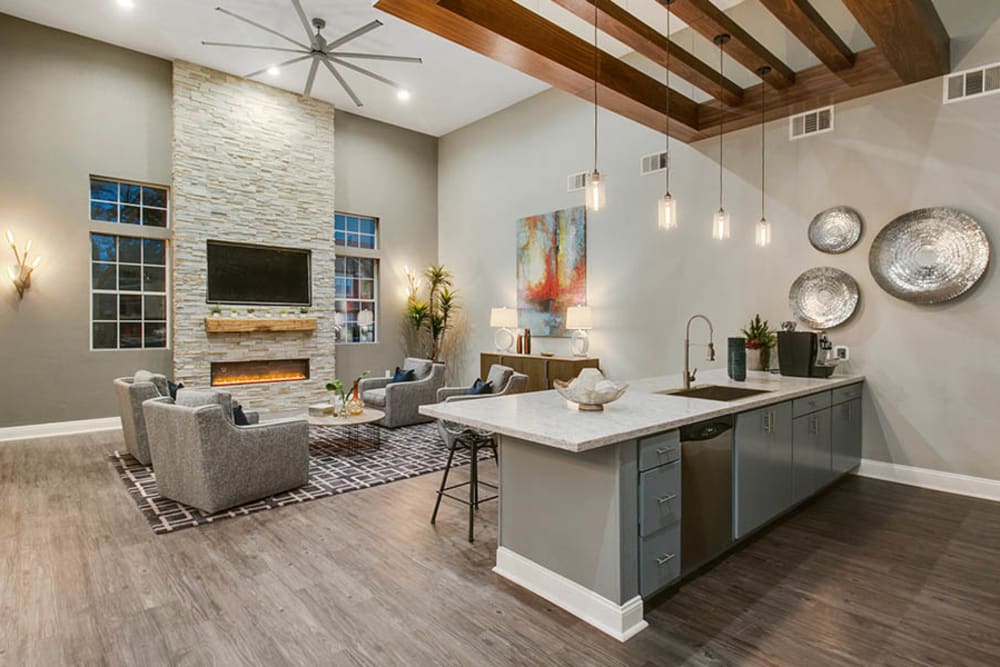 Modern kitchen and living room at Ascent at Silverado in Las Vegas, Nevada