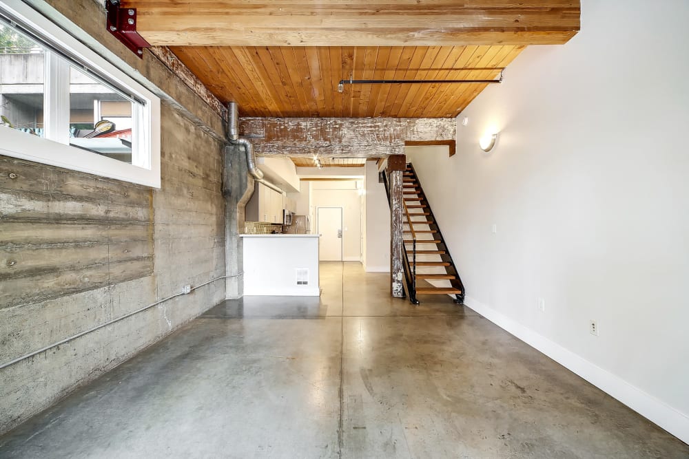 Empty industrial looking apartment home at Alley South Lake Union in Seattle, Washington