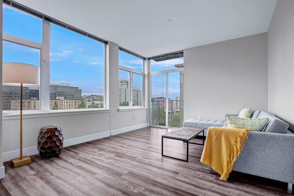 Incredible views from a model home's bedroom at Alley South Lake Union in Seattle, Washington