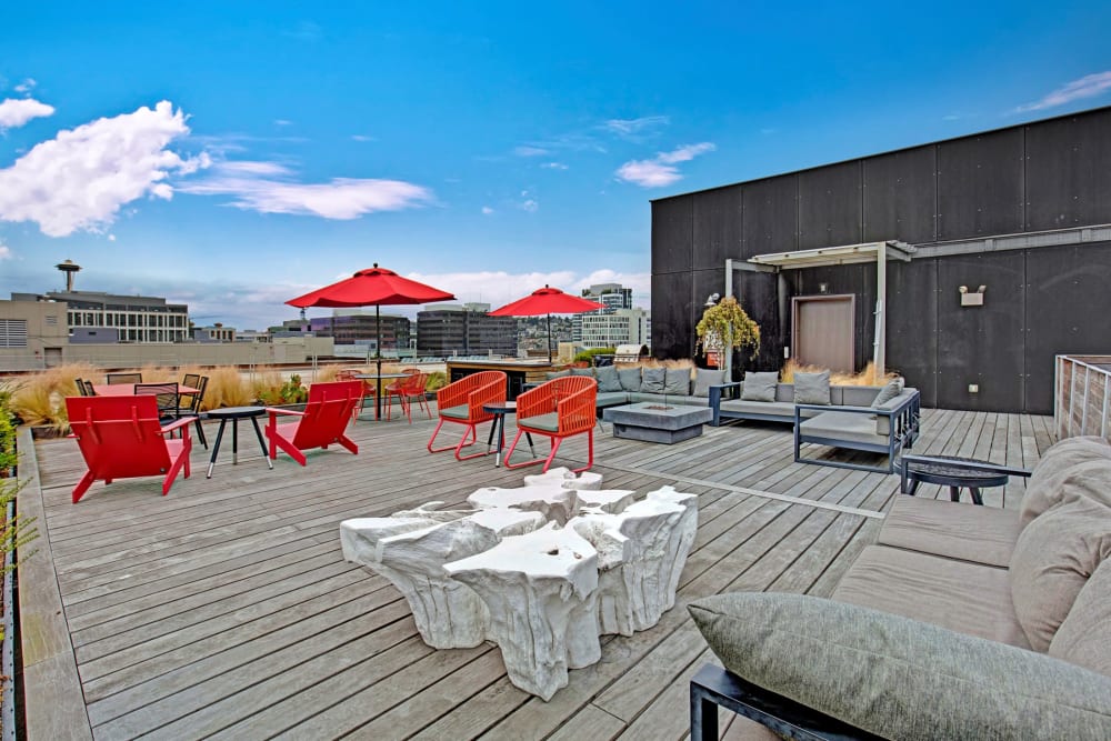 Spacious rooftop terrace with lots of seating at Alley South Lake Union in Seattle, Washington