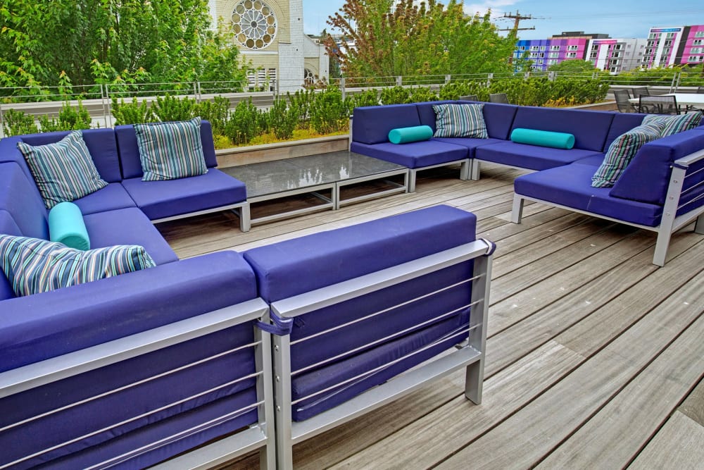 Lots of outdoor comfy seating on the rooftop at Alley South Lake Union in Seattle, Washington