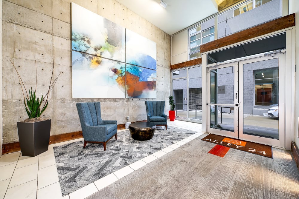 Lobby area with seating to relax in at Alley South Lake Union in Seattle, Washington