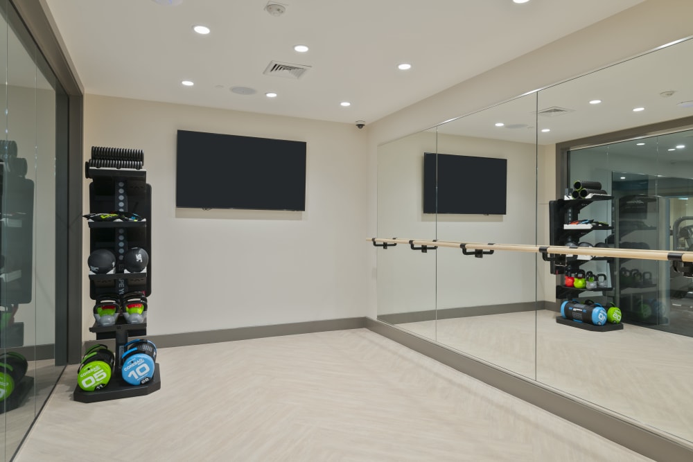 Fitness center with modern equipment at Sofi at Morristown Station in Morristown, New Jersey