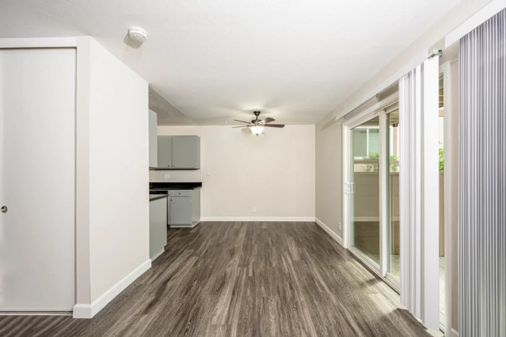 Spacious living area with a nice dining spot next to the kitchen at Hillside Garden in San Mateo, California