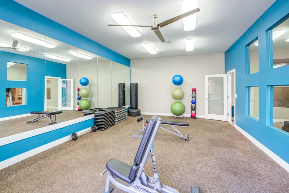 Fitness center with medicine balls at Diamond at Prospect Apartments in Denver, Colorado