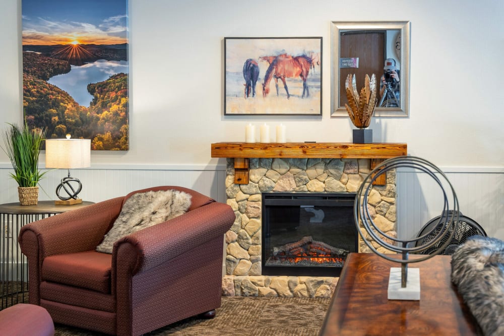 Fireplace lounge at Rosewood Villa in Bellingham, Washington