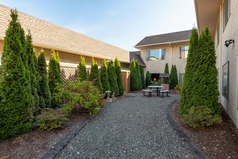 Gravel courtyard at Rosewood Villa in Bellingham, Washington