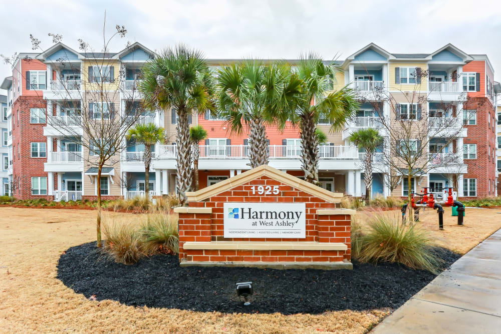 Community sign and exterior at Harmony at West Ashley in Charleston, South Carolina