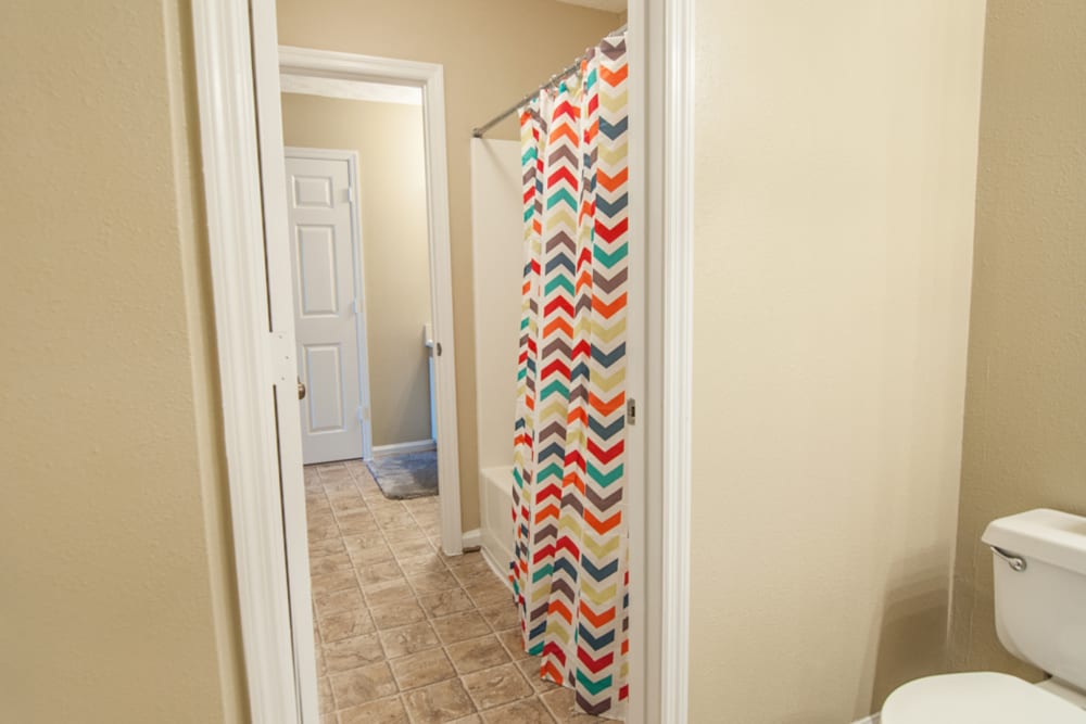 Colorful shower curtain at Brittwood Apartments in Columbus, Georgia