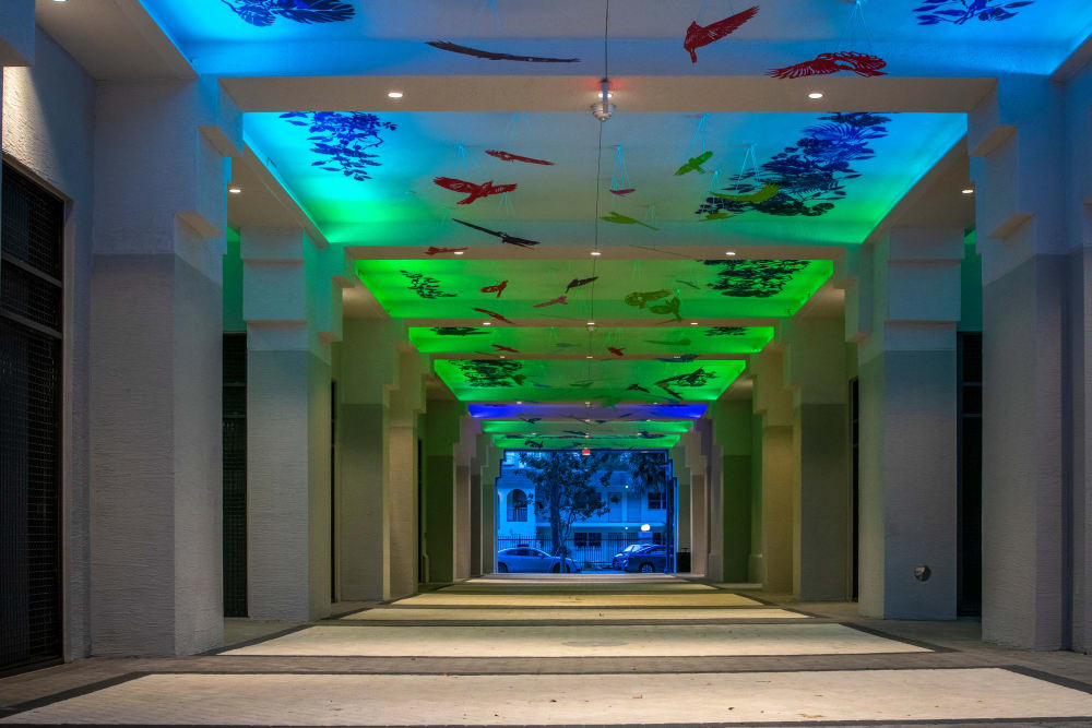 Cool lights in one of the exterior walkways at Motif in Fort Lauderdale, Florida