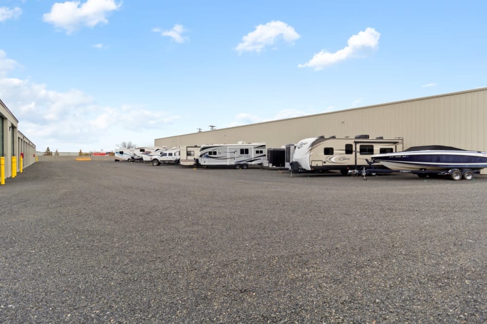 RVs and boats parked at BuxBear Storage Richland in Richland, Washington