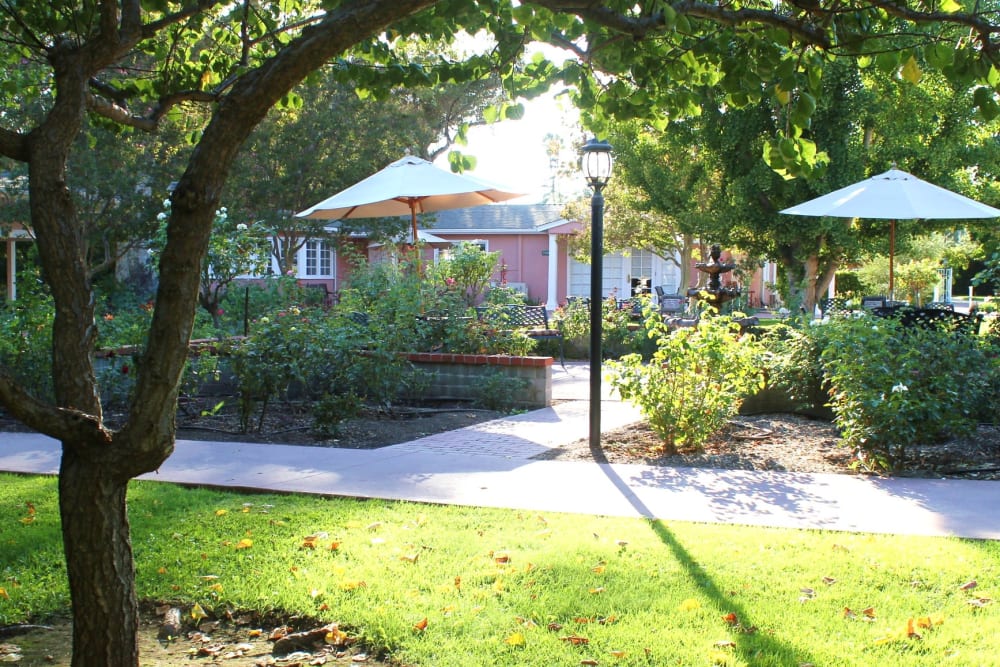 A walkway through the garden at Gables of Ojai in Ojai, California