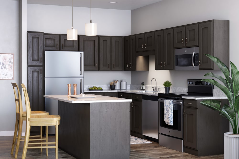 Rendering of a senior apartment kitchen at Willows Bend Senior Living in Fridley, Minnesota