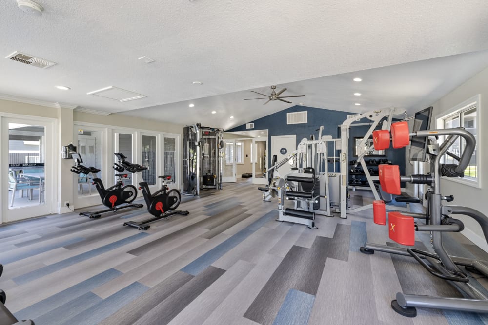 Clean, newly renovated community gym at Village Oaks in Chino Hills, California