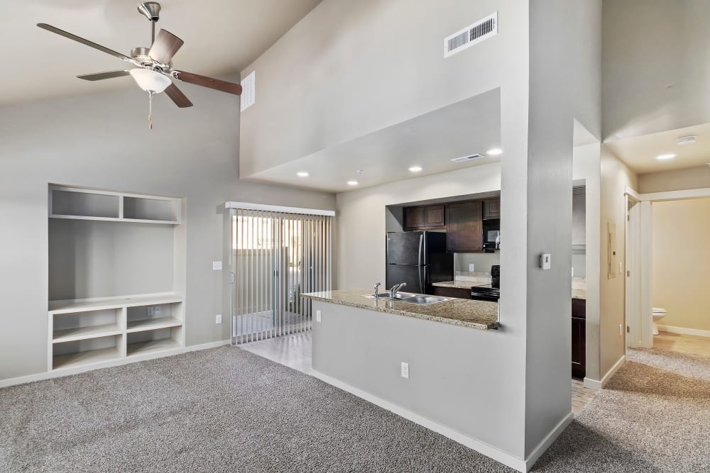 Spacious living room with built-ins at Cedar Park & Canyon Falls Townhomes in Twin Falls, Idaho