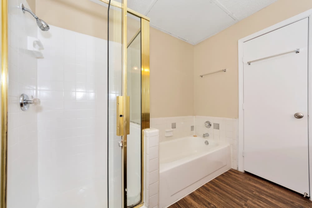 Tub and separate shower enclosure at Summit Point Apartments in Mesquite, Texas