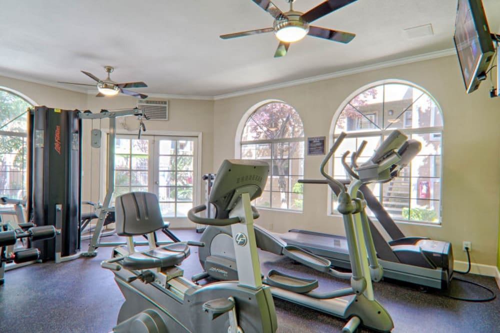Large fitness room at Cordova Park Apartments in Lancaster, California
