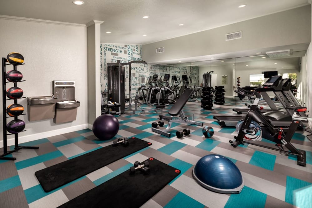 Fitness room with various workout machines at Cassia Apartments in Santa Maria, California