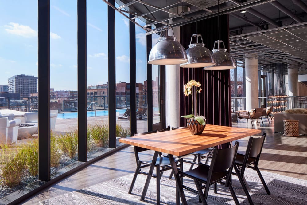 Resident lounge with an amazing view at The Parker Fulton Market in Chicago, Illinois