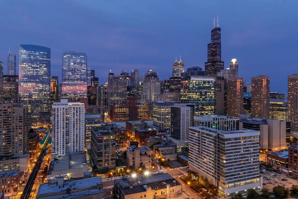 Great view of the city at night at The Parker Fulton Market in Chicago, Illinois