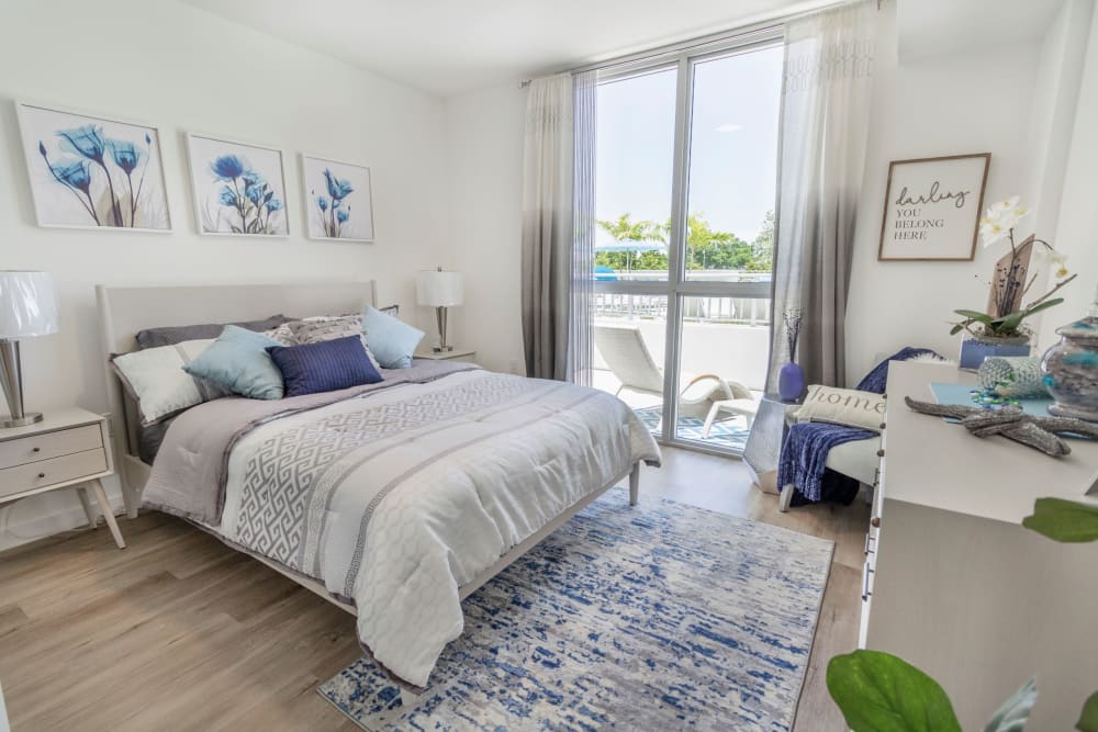 Model bedroom with lots of natural light at 275 Fontaine Parc in Miami, Florida