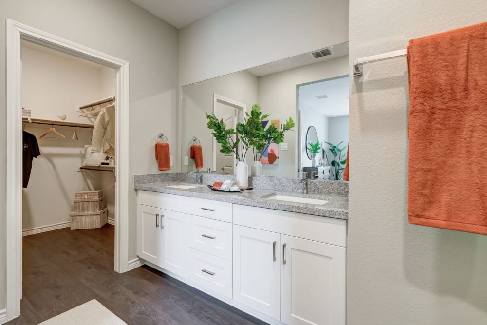 Spacious bathroom in a model home at BB Living Harvest in Argyle, Texas